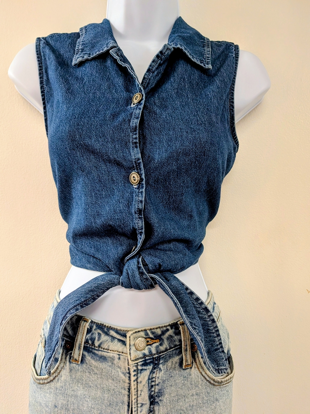 Sleeveless 70's Tie-Front Denim Shirt